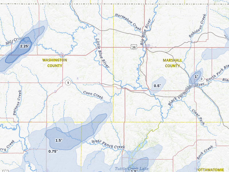 NEXRAD radar-signature map of the hail over Waterville, KS