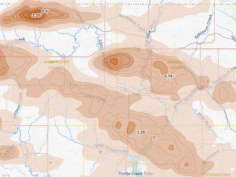 Radar-estimated hail-size map of the storm over Waterville, KS