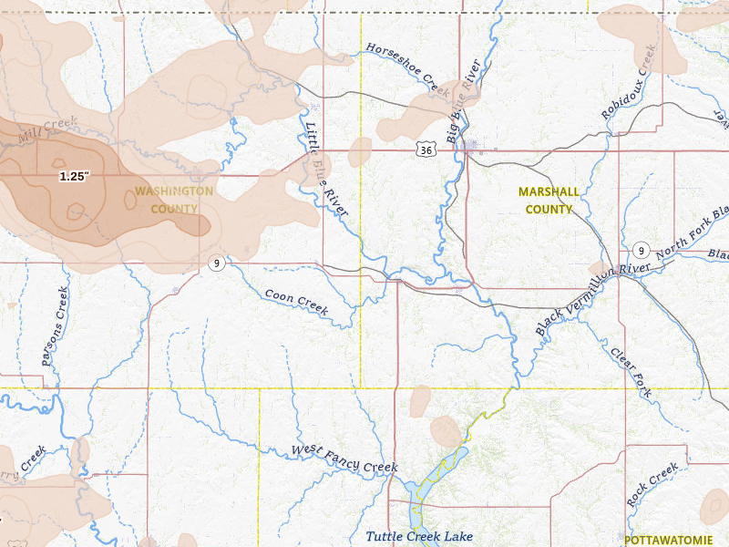 Radar-estimated hail-size map of the storm over Waterville, KS on Jul 3, 2026