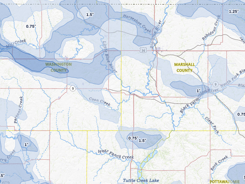 NEXRAD radar-signature map of the hail storm over Waterville, KS on Jul 3, 2026