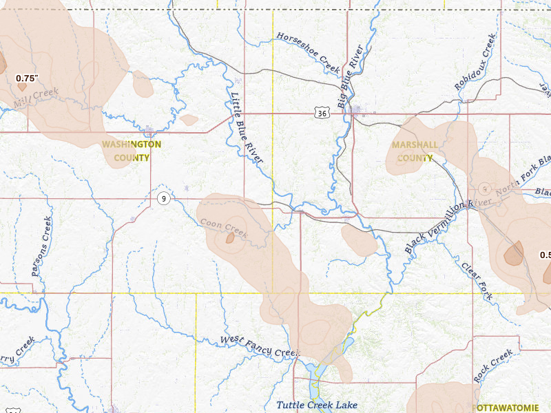 Radar-estimated hail-size map of the storm over Waterville, KS on Jul 8, 2026