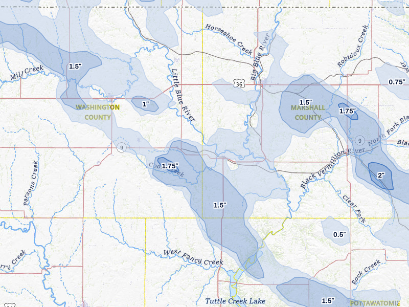 NEXRAD radar-signature map of the hail storm over Waterville, KS on Jul 8, 2026