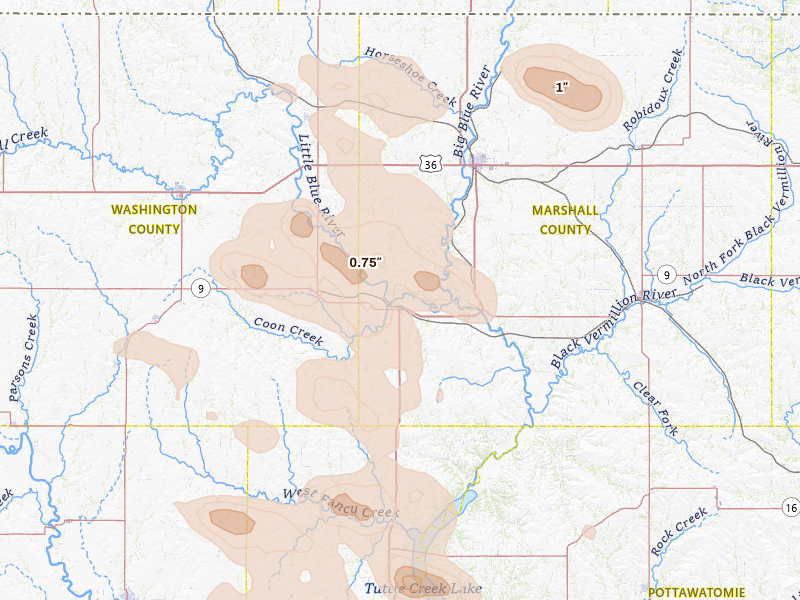 Radar-estimated hail-size map of the storm over Waterville, KS on Aug 6, 2026
