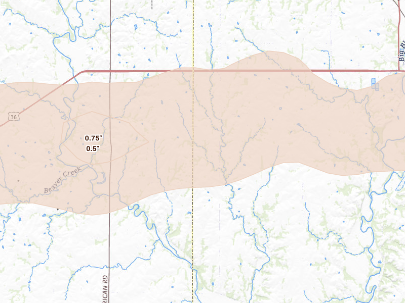 Radar-estimated hail-size map of the storm over Waterville, KS on Aug 15, 2026