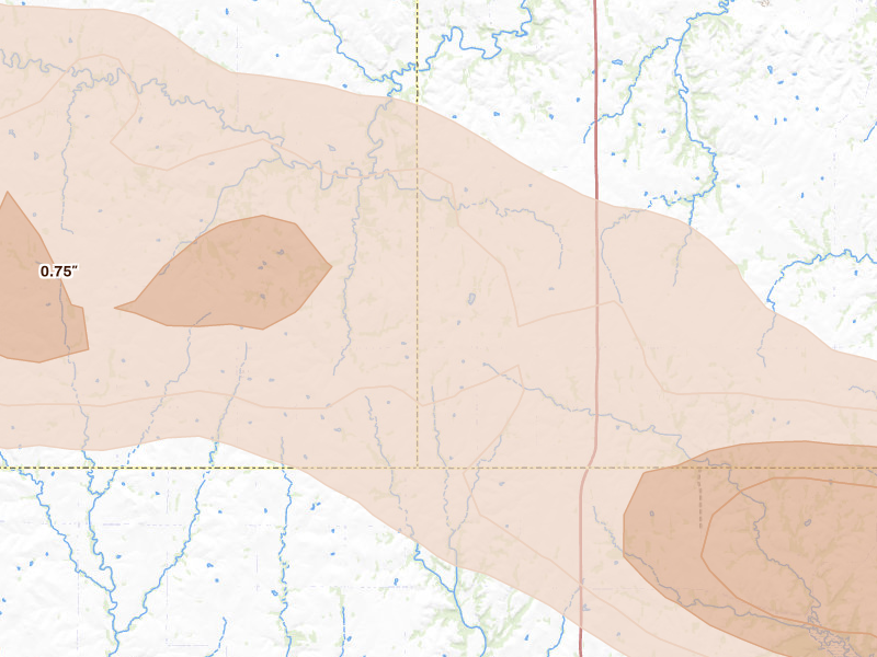 Radar-estimated hail-size map of the storm over Waterville, KS on Aug 18, 2026