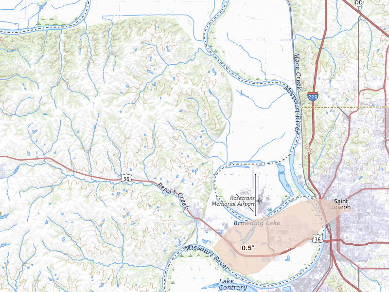 Radar-estimated hail-size map of the storm over Wathena, KS on Mar 31, 2026
