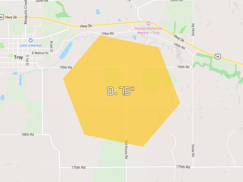 Hail map of Wathena, KS on Jun 6, 2026, hail up to 0.75"