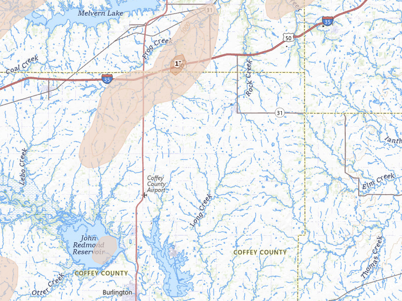 Radar-estimated hail-size map of the storm over Waverly, KS on Mar 10, 2026