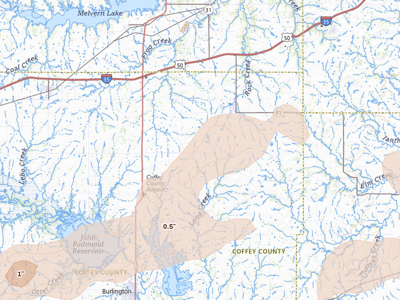 Radar-estimated hail-size map of the storm over Waverly, KS on Apr 23, 2026
