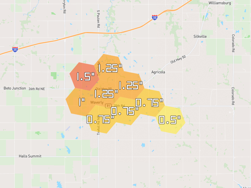 Hail map of Waverly, KS on Jun 1, 2026, hail up to 1.5"