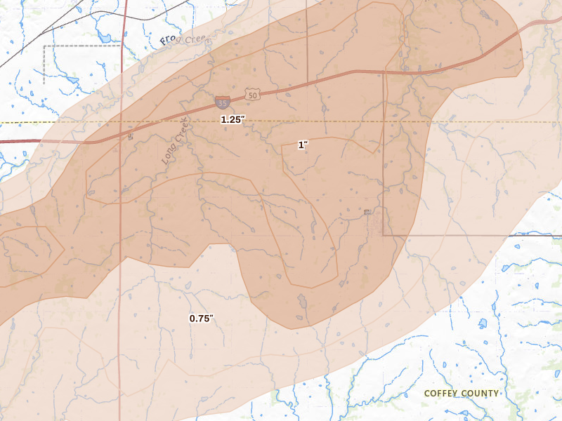 Radar-estimated hail-size map of the storm over Waverly, KS on Aug 5, 2026