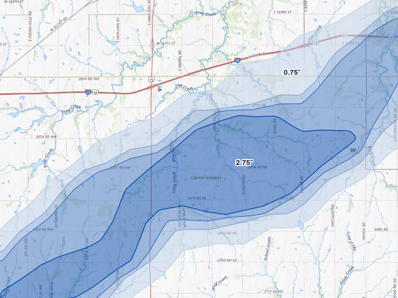 NEXRAD radar-signature map of the hail storm over Waverly, KS on Aug 5, 2026