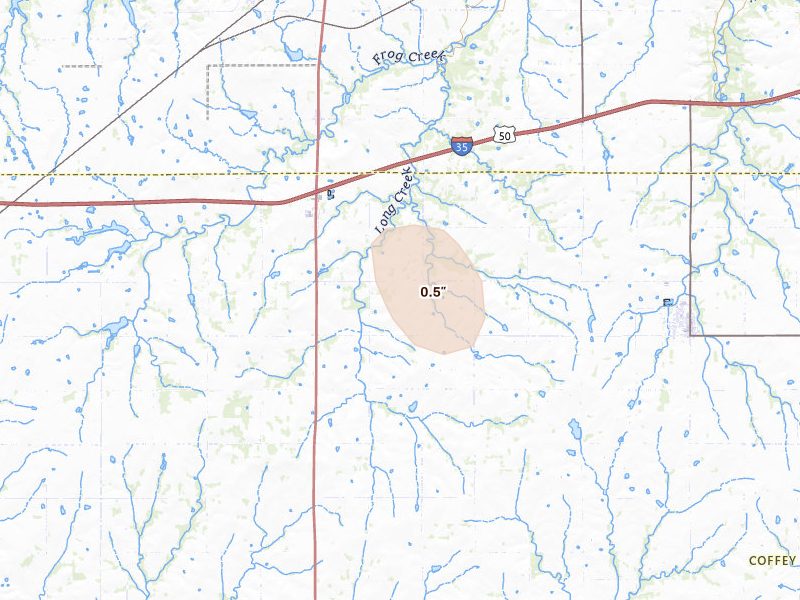Radar-estimated hail-size map of the storm over Waverly, KS on Aug 6, 2026