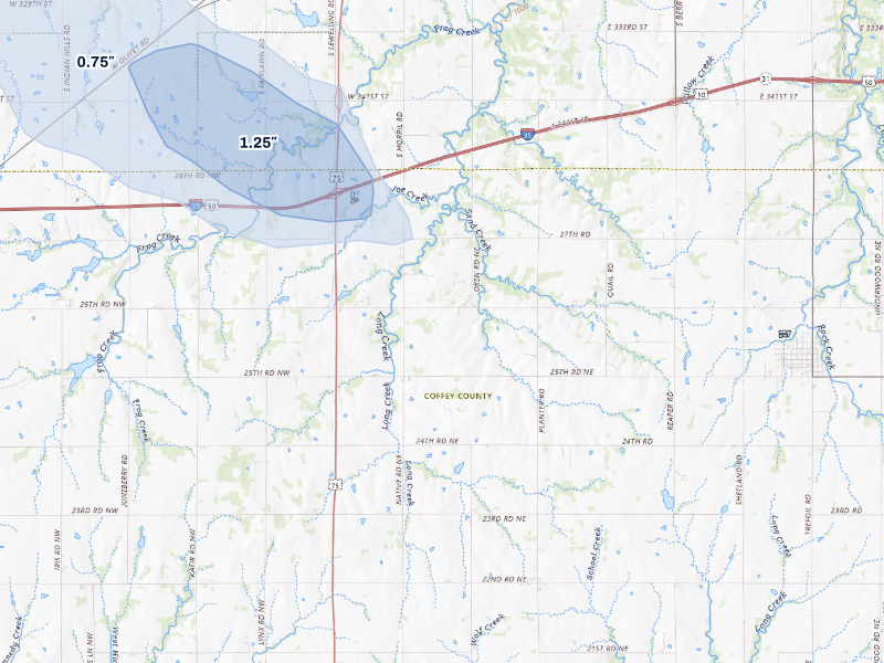 NEXRAD radar-signature map of the hail storm over Waverly, KS on Aug 6, 2026