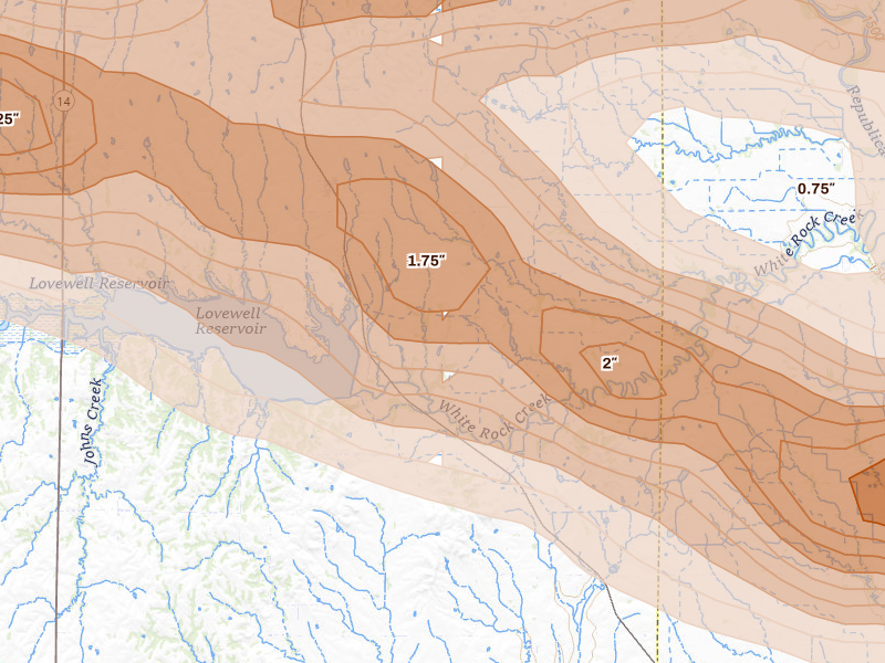 Radar-estimated hail-size map of the storm over Webber, KS on Jun 13, 2026