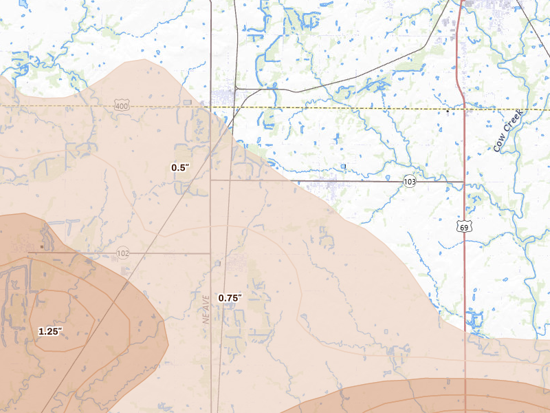 Radar-estimated hail-size map of the storm over Weir, KS on Apr 26, 2026