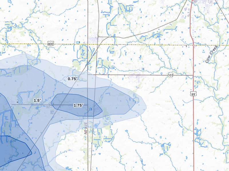 NEXRAD radar-signature map of the hail over Weir, KS