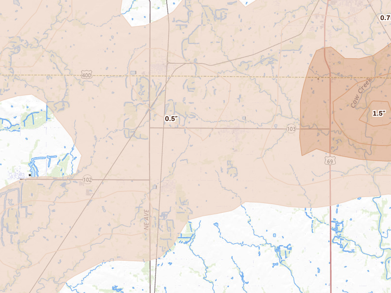 Radar-estimated hail-size map of the storm over Weir, KS