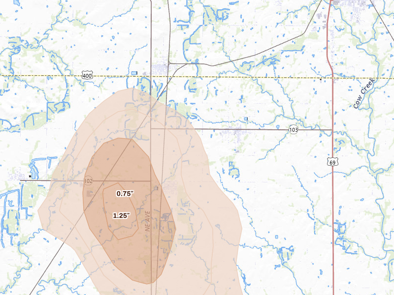 Radar-estimated hail-size map of the storm over Weir, KS on Jun 16, 2026