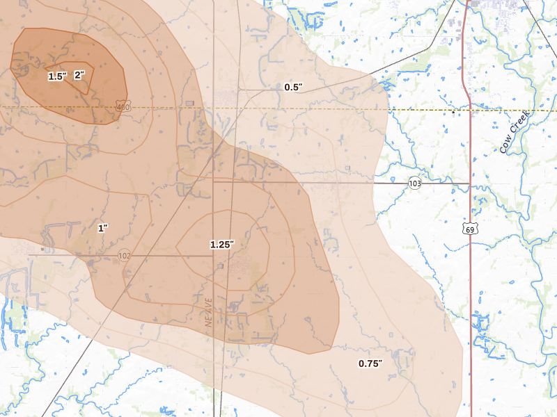 Radar-estimated hail-size map of the storm over Weir, KS on Jun 25, 2026