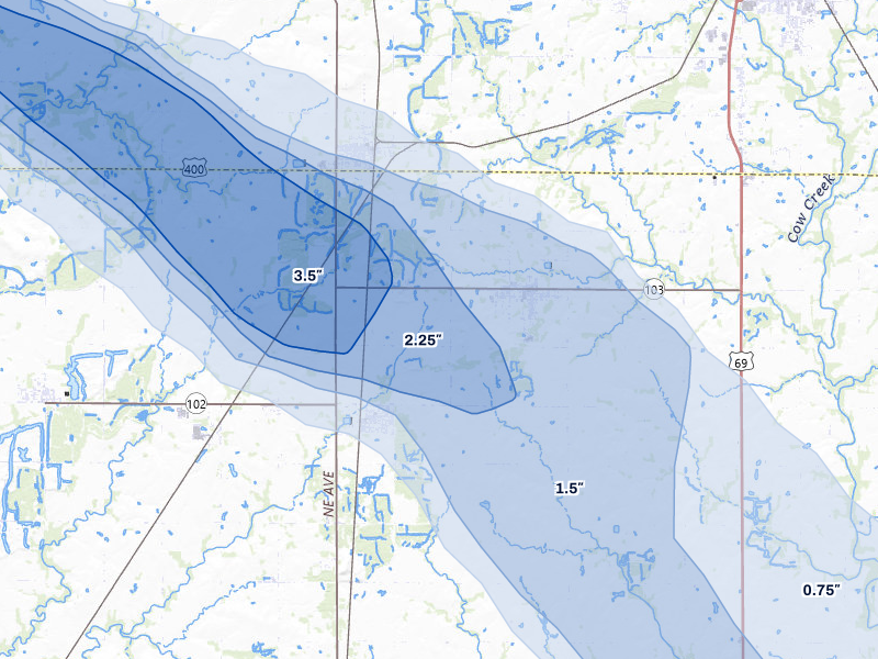 NEXRAD radar-signature map of the hail storm over Weir, KS on Jun 25, 2026