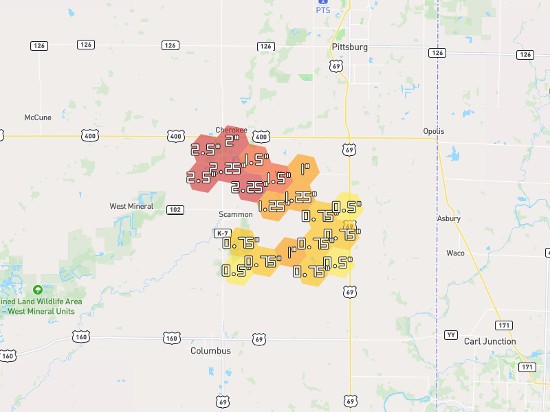 Hail map of Weir, KS on Jun 26, 2026, hail up to 2.5"