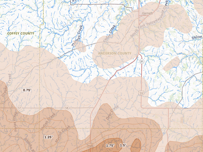 Radar-estimated hail-size map of the storm over Welda, KS on Apr 26, 2026