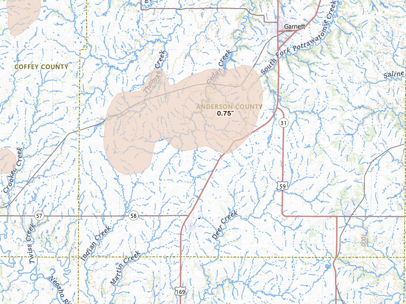 Radar-estimated hail-size map of the storm over Welda, KS on May 30, 2026