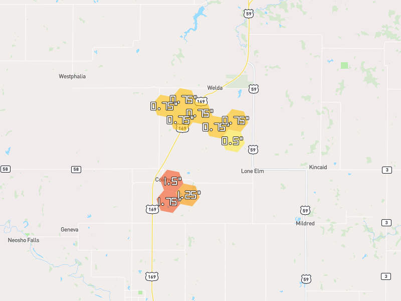 Hail map of Welda, KS on Jun 1, 2026, hail up to 1.75"