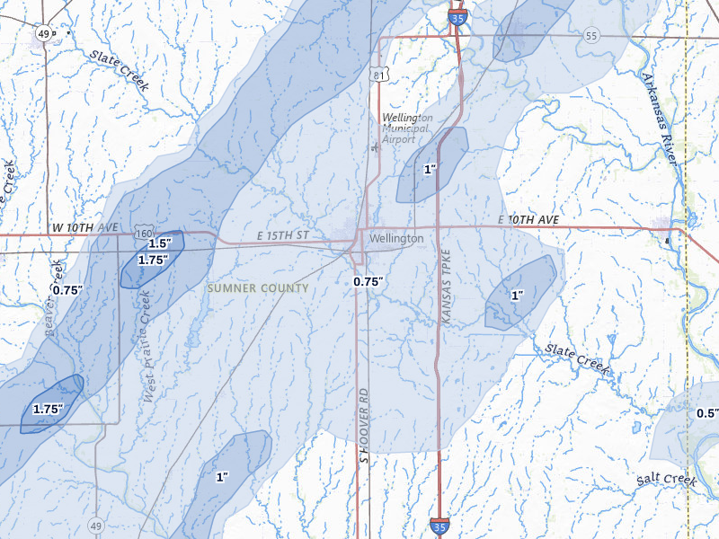 NEXRAD radar-signature map of the hail storm over Wellington, KS on Mar 5, 2026