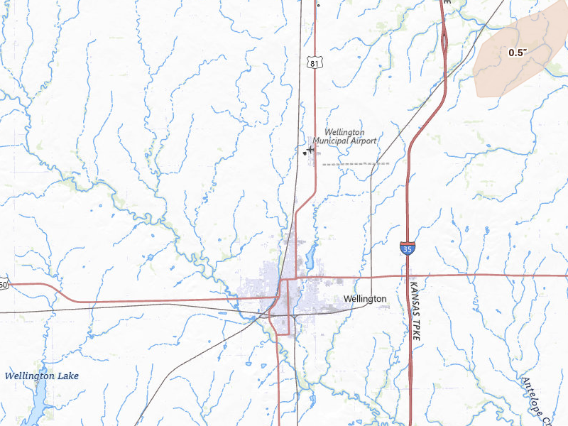 Radar-estimated hail-size map of the storm over Wellington, KS on Apr 3, 2026