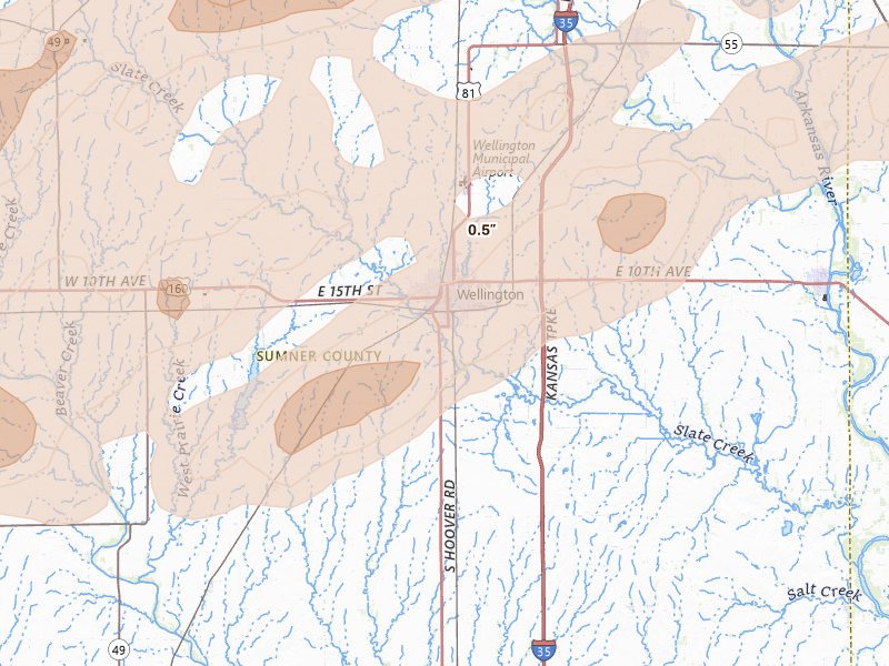 Radar-estimated hail-size map of the storm over Wellington, KS on Apr 17, 2026