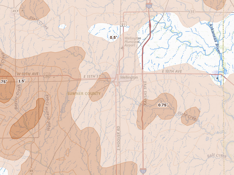 Radar-estimated hail-size map of the storm over Wellington, KS on May 18, 2026