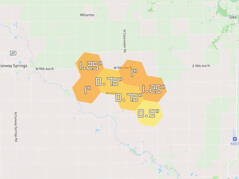 Hail map of Wellington, KS on Jun 26, 2026, hail up to 1.25"