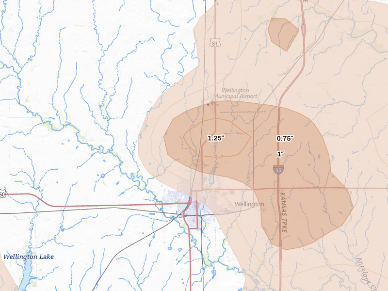 Radar-estimated hail-size map of the storm over Wellington, KS on Jul 4, 2026