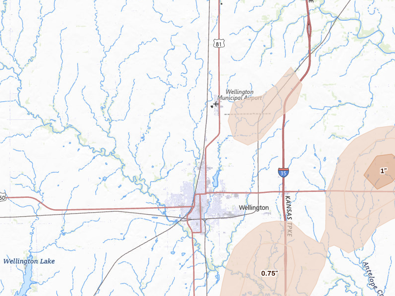 Radar-estimated hail-size map of the storm over Wellington, KS on Jul 11, 2026