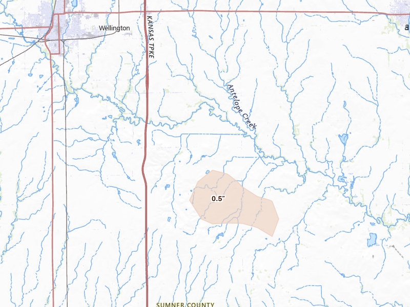 Radar-estimated hail-size map of the storm over Wellington, KS on Aug 7, 2026
