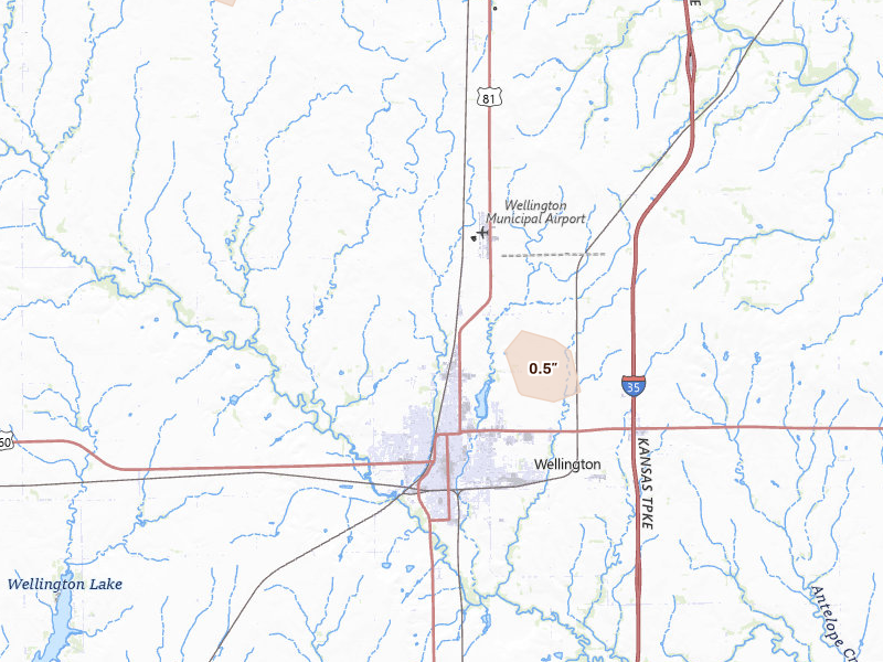 Radar-estimated hail-size map of the storm over Wellington, KS on Aug 22, 2026