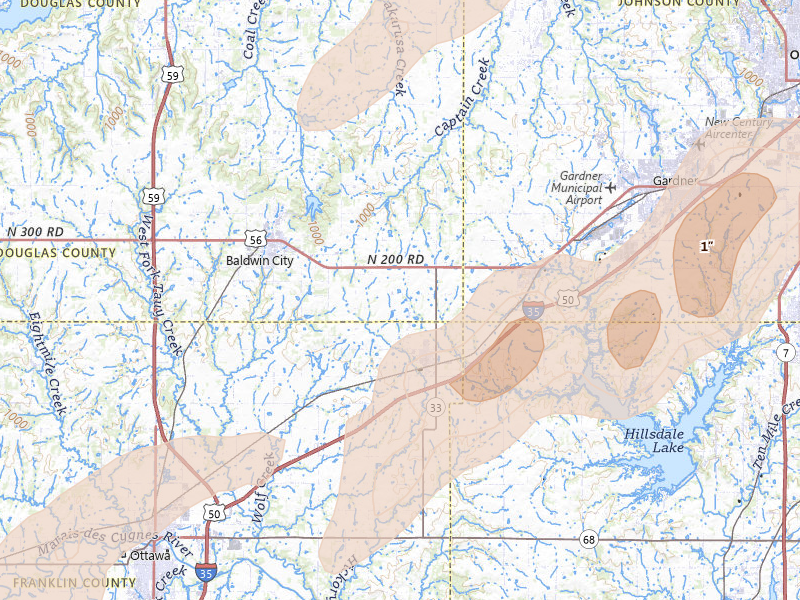 Radar-estimated hail-size map of the storm over Wellsville, KS on Mar 10, 2026