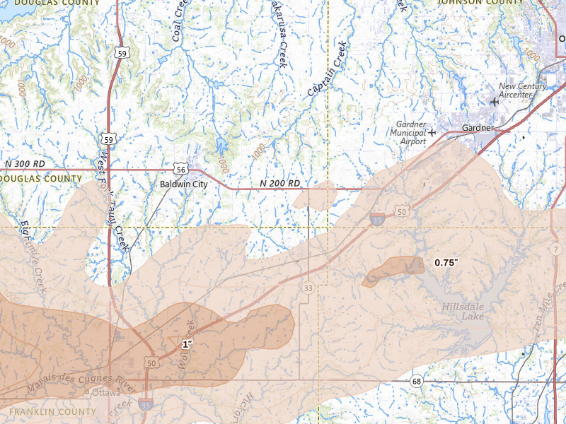 Radar-estimated hail-size map of the storm over Wellsville, KS on Apr 13, 2026