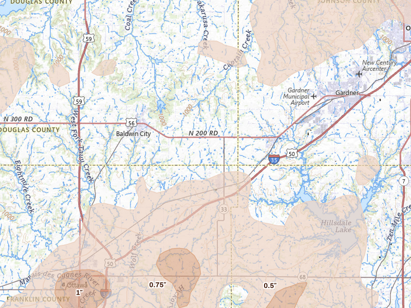 Radar-estimated hail-size map of the storm over Wellsville, KS on Apr 17, 2026