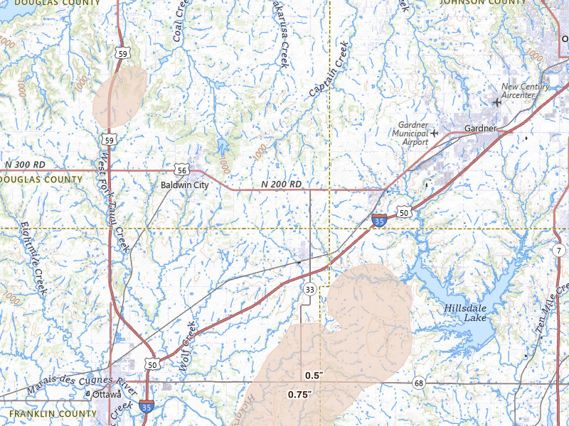 Radar-estimated hail-size map of the storm over Wellsville, KS on Apr 23, 2026