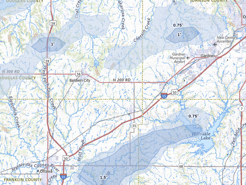 NEXRAD radar-signature map of the hail over Wellsville, KS
