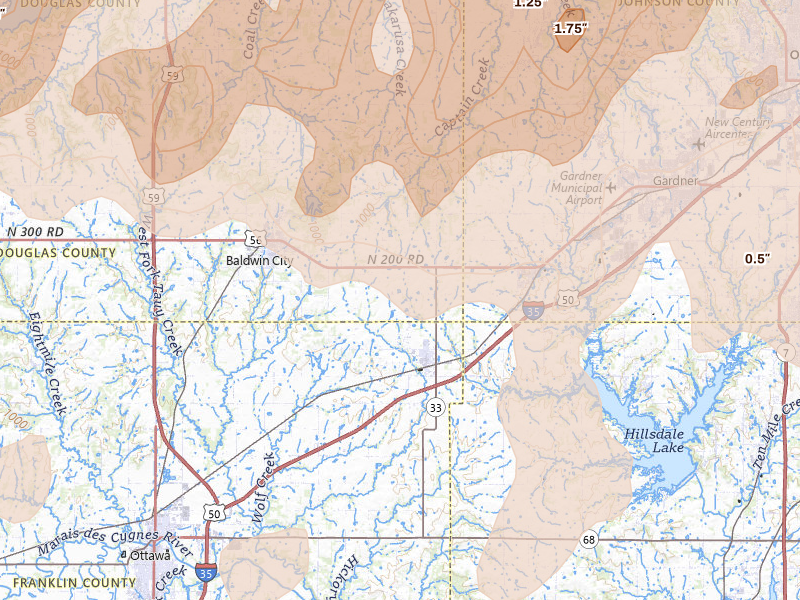 Radar-estimated hail-size map of the storm over Wellsville, KS on Apr 26, 2026