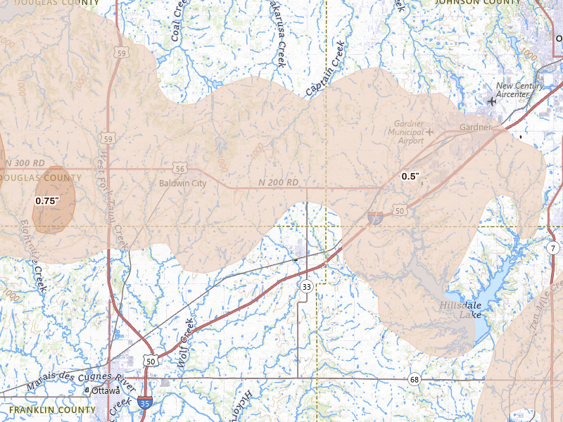 Radar-estimated hail-size map of the storm over Wellsville, KS on Jun 8, 2026