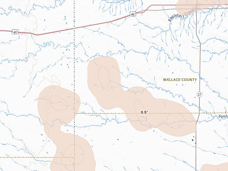 Radar-estimated hail-size map of the storm over Weskan, KS on Jul 9, 2026