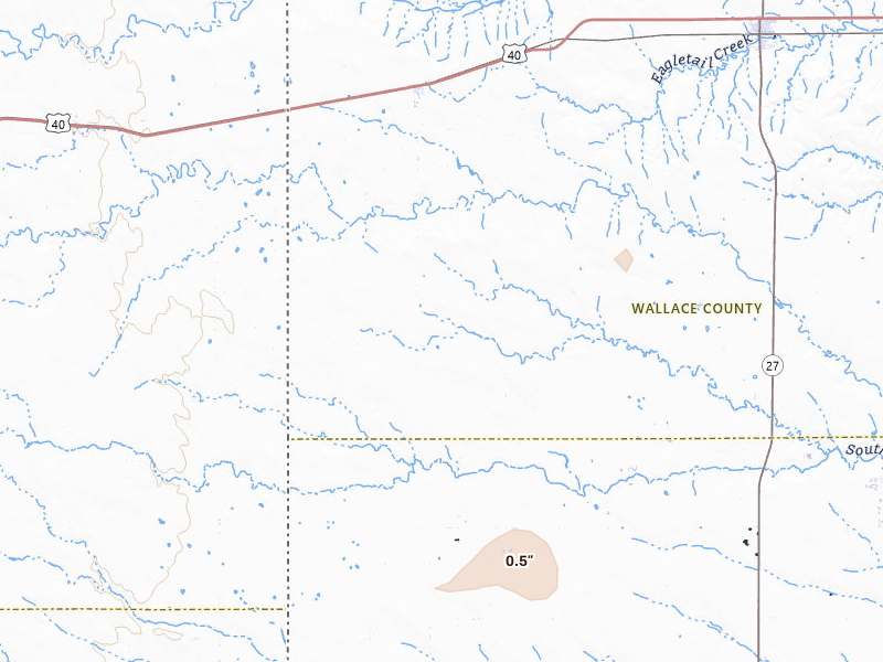 Radar-estimated hail-size map of the storm over Weskan, KS on Jul 10, 2026