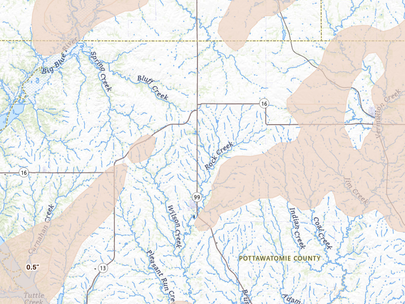 Radar-estimated hail-size map of the storm over Westmoreland, KS on May 18, 2026
