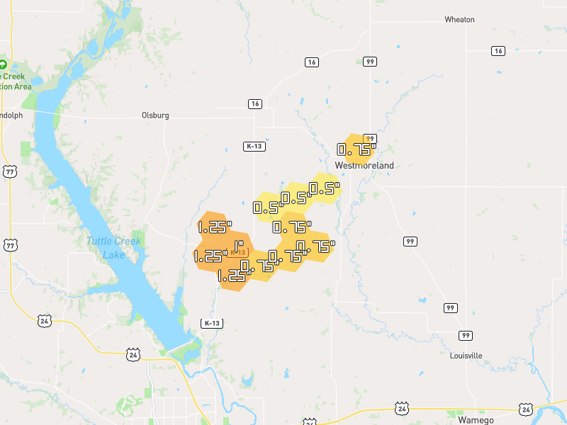 Hail map of Westmoreland, KS on Jun 4, 2026, hail up to 1.25"