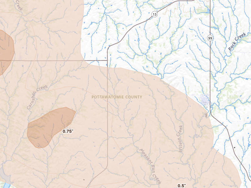 Radar-estimated hail-size map of the storm over Westmoreland, KS on Jun 10, 2026